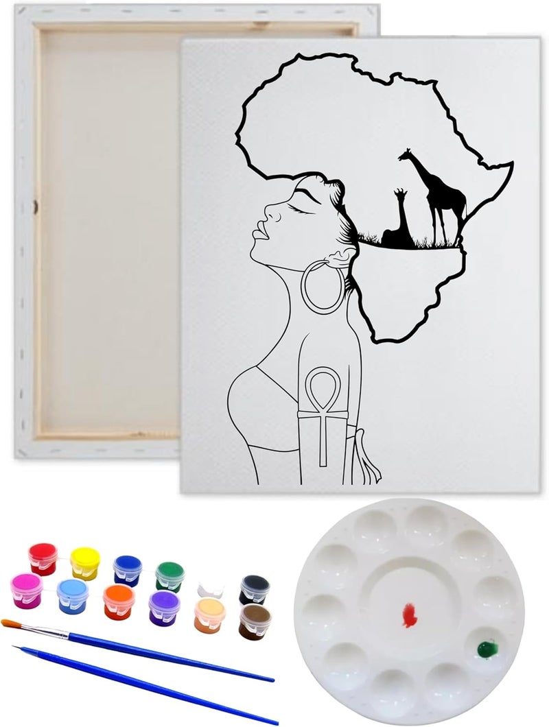 Pre Drawn Canvas LADY AFRICA Paint Kit | Adult & Teen Sip and Paint Party Favor | DIY Date Night Couple Activity (M 12X16, 12 COLORS OF PAINT)